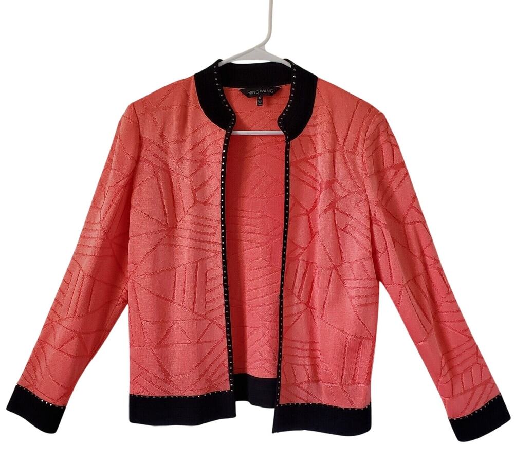 Ming Wang Cardigan Sweater Womens S Coral Open Front Studded Knit Shoulder Pads